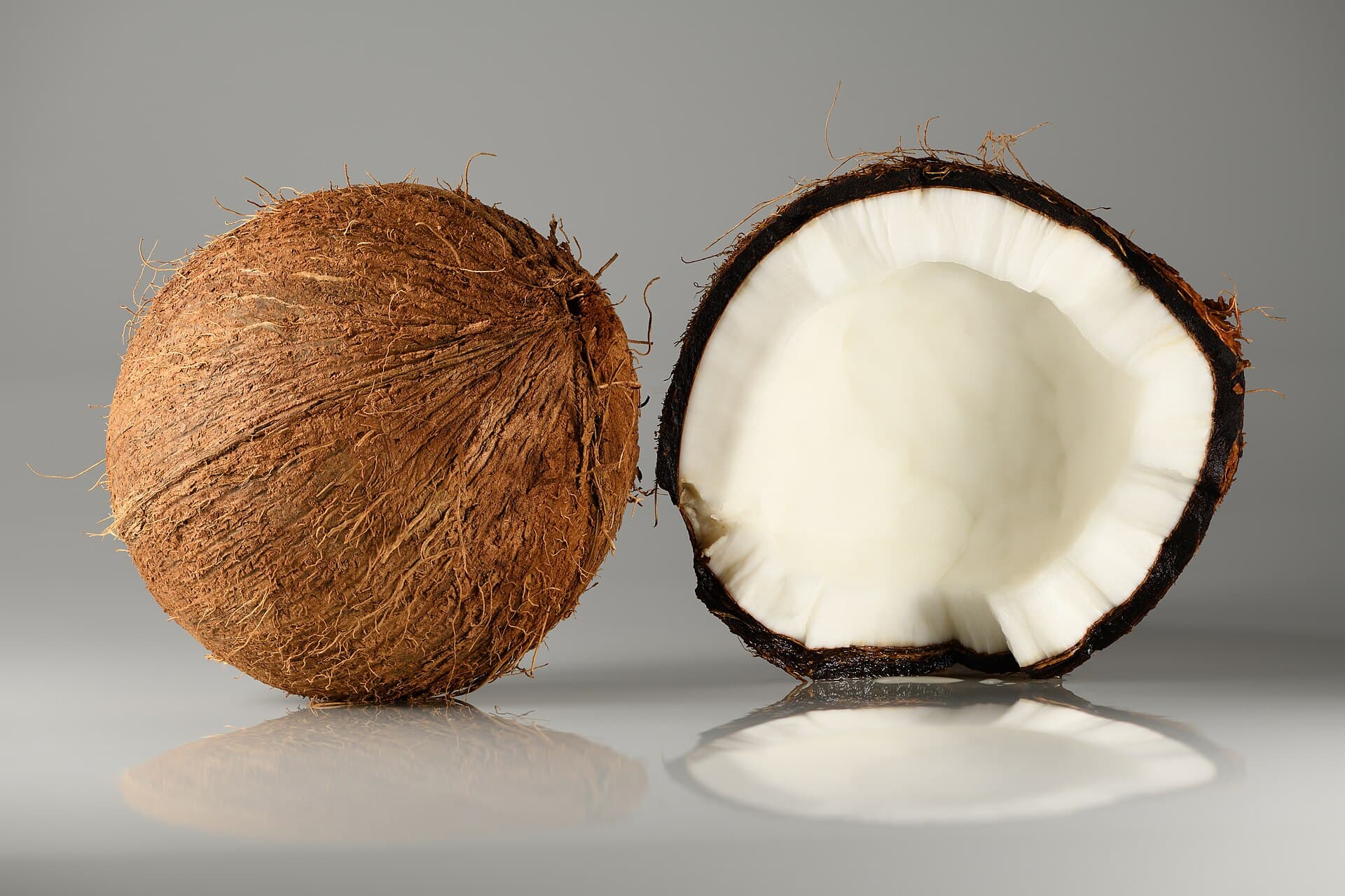 Fresh brown coconuts, one cracked open